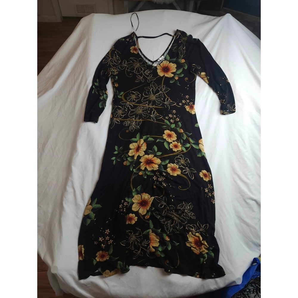 Spense Maxi Dress Womens Medium Black Floral Half Sleeve V-Neck Summer Casual
